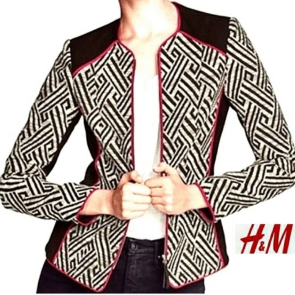 NWOT- H&M Black & White Jacket; Red Piping, Woven Aztec Print